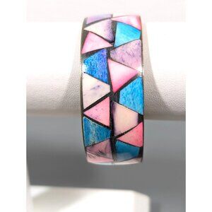 Vintage Brass Blue Pink Triangle Inlay Bangle Bracelet Tribal Boho small
